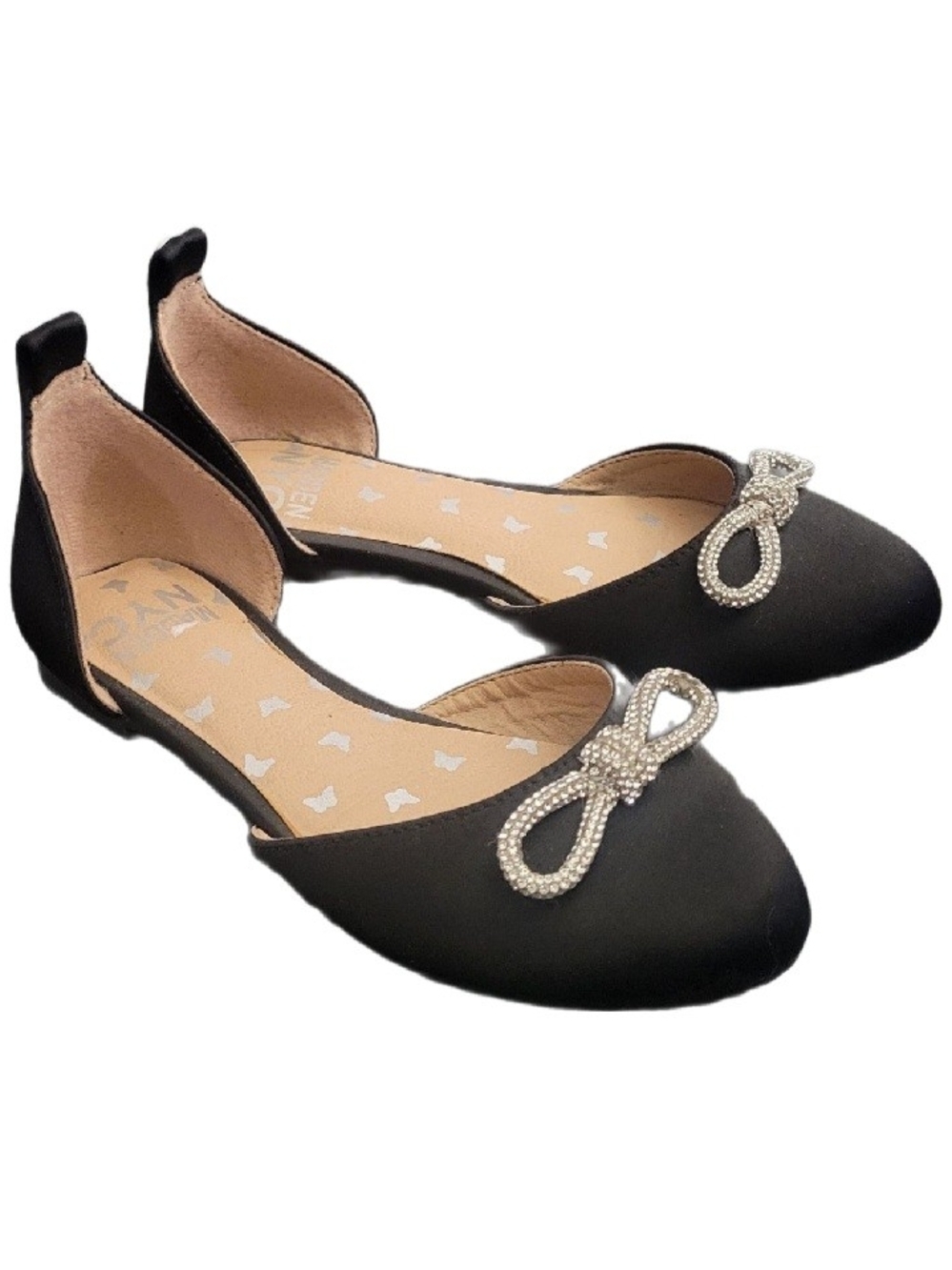 EUC Madden NYC D'Orsay Ballet Flats Sz Girls 13 Black Rhinestone Party Glam